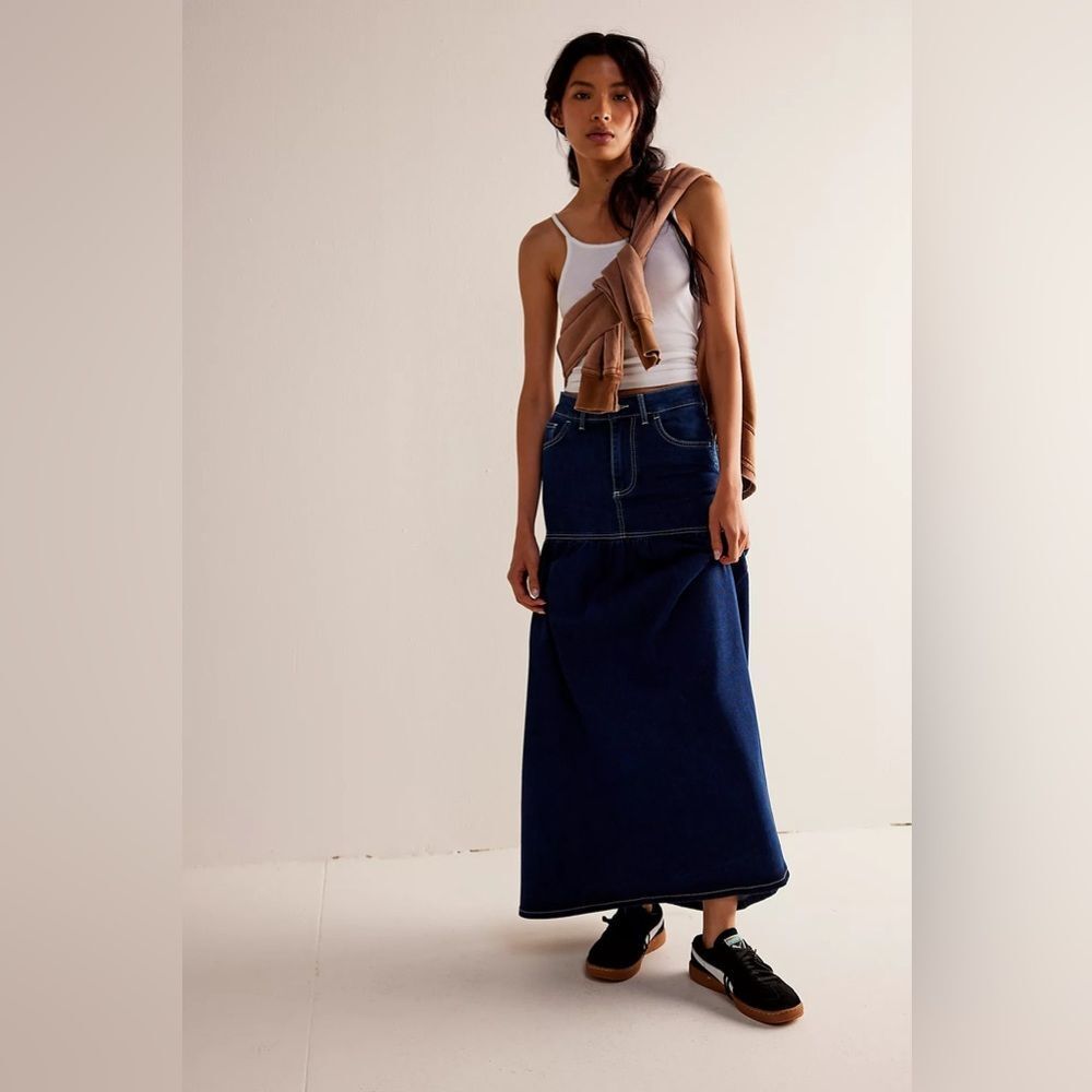 Free People We The Free Jordan‎ Maxi Skirt Denim High Rise Stretch Dark Wash 0&6